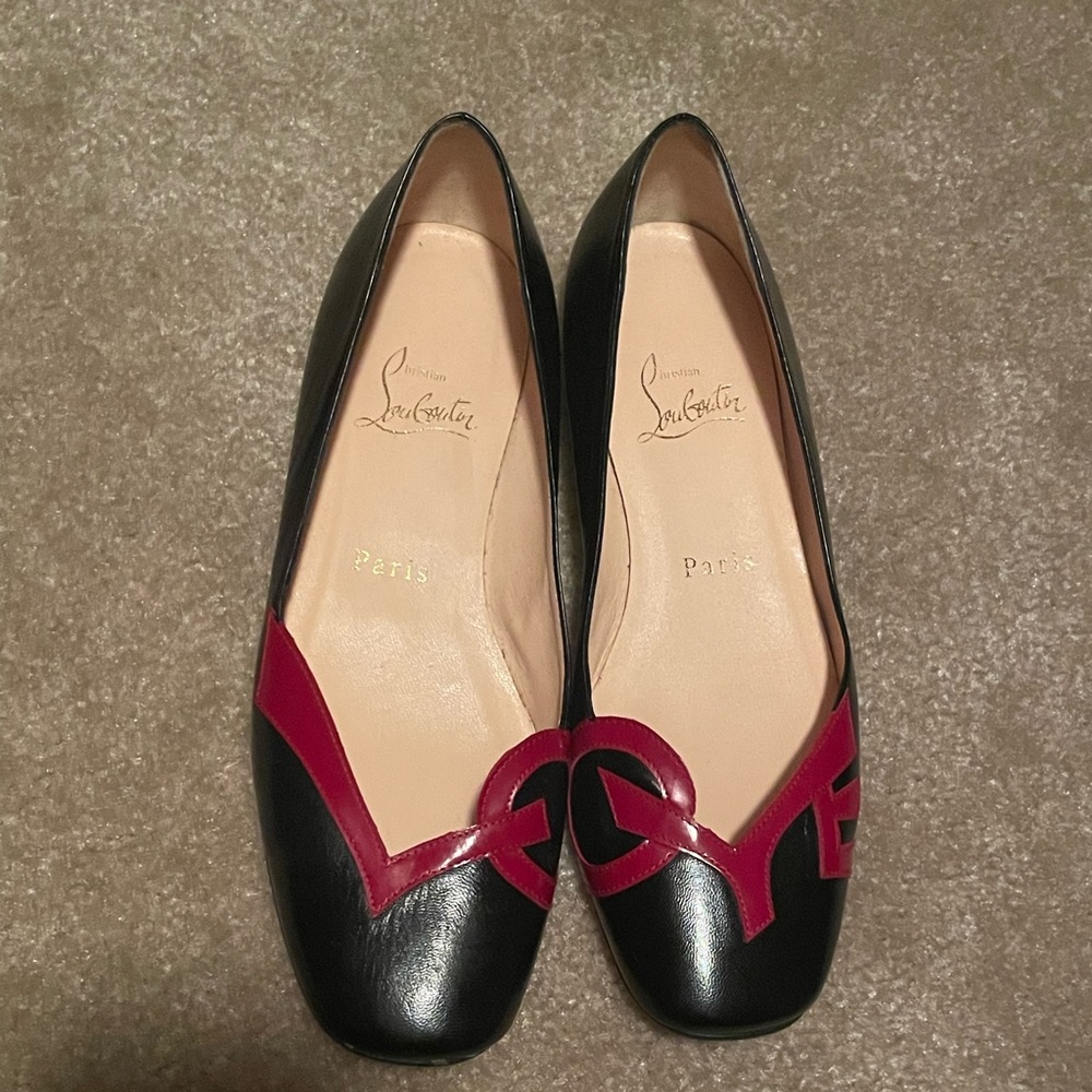Authentic Christian Louboutin LOVE bird blk & red flats sz 36